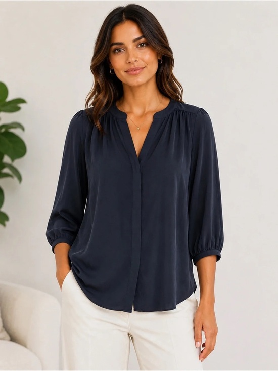 Quince Tops - Quince | Summer Work Business Washable Stretch Silk Split Neck Blouse in Navy L